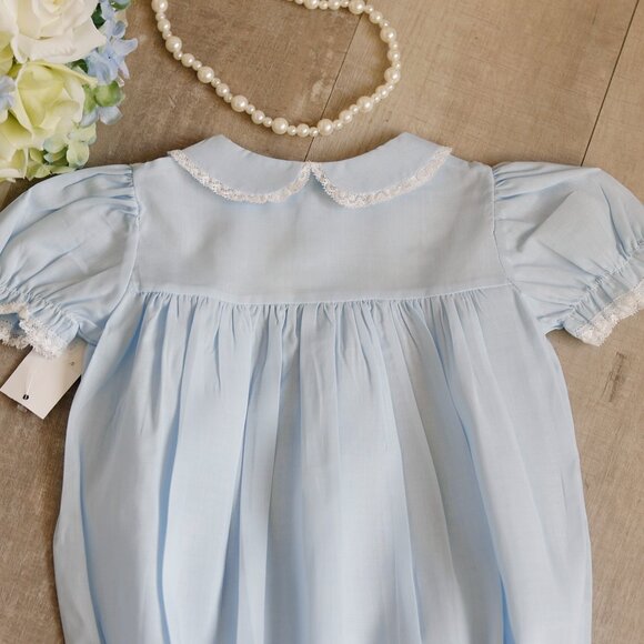 Blue Heirloom Romper Bubble Feltman Brothers RARE FIND 9 Months Lace Inlays NWT - Picture 4 of 4